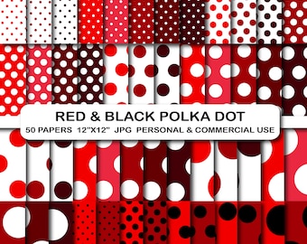 Red Black Polka Dot Digital Papers Pack, Scrapbooking Backgrounds (50 Papers)