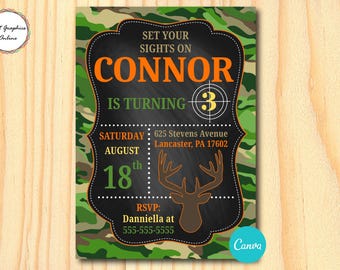 Invitación de cumpleaños de caza en Canva, invitación de cumpleaños de camuflaje, invitación de cumpleaños de ciervo, invitación de fiesta de camuflaje de ciervo, invitación de camuflaje de ciervo