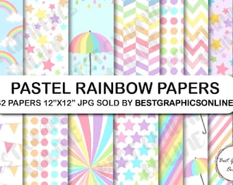 Pastel Rainbow Digital Paper Set, Scrapbooking Backgrounds (Digital Download)