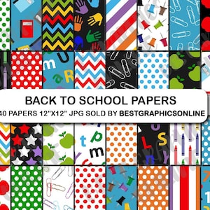 May include: A selection of 40 digital papers featuring diverse patterns and school-related designs. The patterns include polka dots, zigzags, handprints, apples, and stationery. Each paper measures 30.48cm x 30.48cm.
