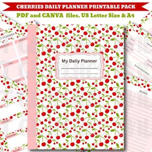 Könnte beinhalten: Ein druckbares Tagesplaner-Set mit Kirschmuster, bestehend aus roten Kirschen und grünen Blättern auf weißem Grund. Das Deckblatt trägt den Text My Daily Planner. Enthält Seiten für Passwörter, Monatsplanung, Aufgabenlisten und persönliche Daten.