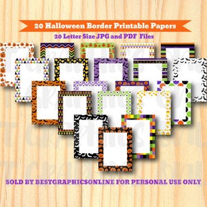 Peut inclure: Une collection de 20 papiers imprimables avec des bordures sur le thème d'Halloween, incluant des citrouilles, des chauves-souris et des motifs géométriques orange, violets, verts et noirs. Le texte indique 20 Halloween Border Printable Papers.