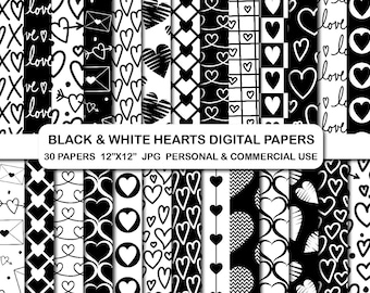 Papeles digitales de corazones en blanco y negro (descarga digital)