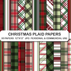 May include: A collection of Christmas plaid papers in various patterns. The designs feature red, green, and white color schemes with stripes and plaid patterns. The text on the image reads "CHRISTMAS PLAID PAPERS" and "30 PAPERS 12"X12" JPG PERSONAL & COMMERCIAL USE."