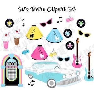 50&#39;s Retro Vintage Clipart, Vinyl Record Clipart, 50s Clipart Set, Retro Diner Fifties Clipart, 50s Sock Hop Party Clipart, Fifties Clip art