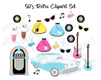 50&#39;s Retro Vintage Clipart, Vinyl Record Clipart, 50s Clipart Set, Retro Diner Fifties Clipart, 50s Sock Hop Party Clipart, Fifties Clip art
