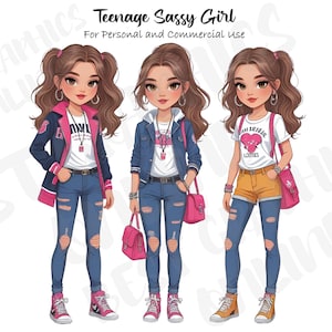 Conjunto de imágenes prediseñadas de adolescente, imágenes prediseñadas de adolescente atrevida de secundaria, imágenes prediseñadas de niña con cabello castaño, conjunto de imágenes prediseñadas de adolescente, imágenes prediseñadas de adolescente moderna y genial.