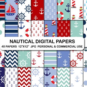Papel digital náutico, conjunto de papeles digitales de velero Ahoy, papeles con patrón de ancla náutica, papel con patrón de fondo digital de rueda de barco oceánico