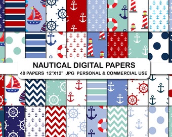 Nautical digital paper, Ahoy sailboat digital papers set, Nautical anchor pattern papers, Ocean Ship Wheel digital background pattern paper