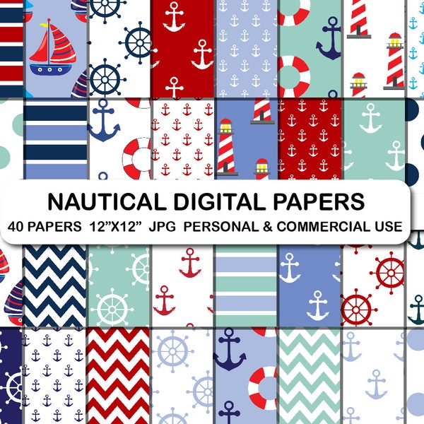 Nautical digital paper, Ahoy sailboat digital papers set, Nautical anchor pattern papers, Ocean Ship Wheel digital background pattern paper