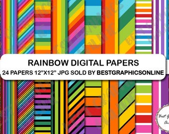 24 Rainbow Stripes Digital Papers, Bold Bright Backgrounds (Digital Download)