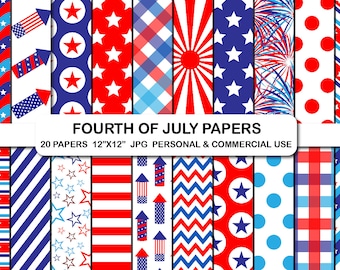 Fourth of July USA Patriotic Digital Papers, July 4th Digital Scrapbook Papers, Independence Day Digital Papers, Stars Stripes Backgrounds