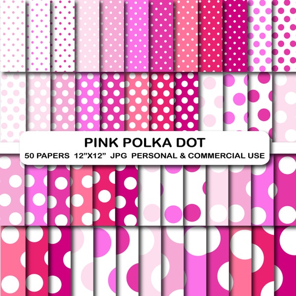 Pink Polka Dot Digital Papers, Polka Dot Pattern Paper Pack, Pink and White Digital Papers, Polka Dots Background Scrapbooking Digital Paper