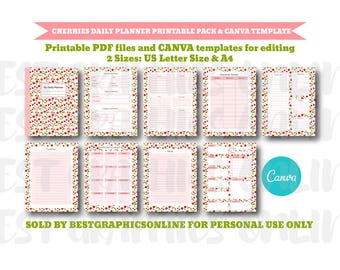 Paquete imprimible de agenda diaria con diseño de cerezas, juego de papeles para escribir, agenda diaria con diseño de cerezas, bloc de notas imprimible, paquete de páginas para diario.