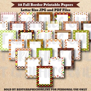 Könnte beinhalten: Eine Sammlung von 28 druckbaren Papieren mit verschiedenen herbstlichen Rändern, die Kürbisse, Blätter und Karomuster zeigen. Der Text lautet 28 Fall Border Printable Papers, Letter Size JPG and PDF Files und Sold by BestGraphicsOnline for personal use only.