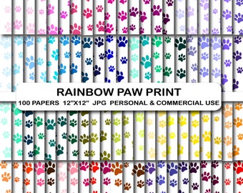 100 Paw Print Digital Papers, Animal Scrapbook Backgrounds (12x12 JPG)