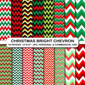 Christmas Chevron Digital Papers, Red Green Zigzag Patterns (12x12 JPG)
