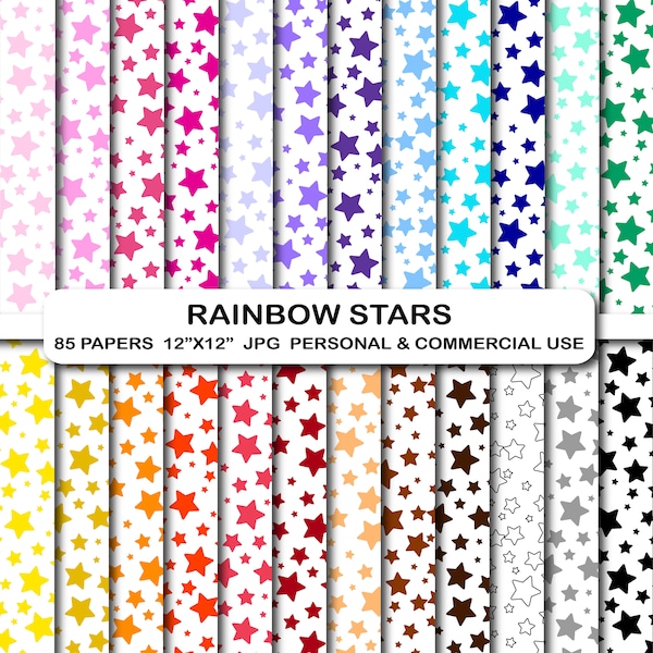 Star confetti digital papers, Stars digital paper, Rainbow stars pattern paper, Stars background paper pack, Star digital papers Stars image