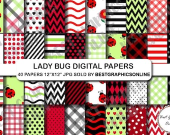 Papeles digitales de mariquita, patrones en rojo y negro (descarga digital)