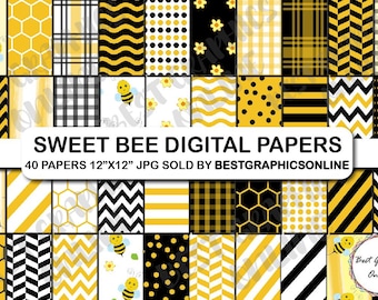 Papeles digitales Sweet Bee, panal amarillo, patrones de abejorros (40 JPG)