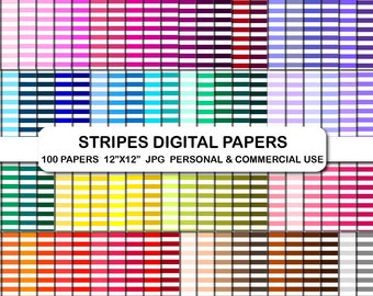 May include: A collection of digital papers featuring various colored stripe patterns. The image includes a variety of colors, including pink, blue, green, yellow, and red. The papers are 12"x12" and are for personal and commercial use.