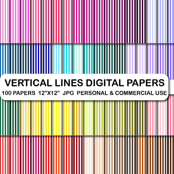 100 Vertical lines digital papers, 100 Rainbow colors straight striped background pattern, Vertical stripes scrapbook background papers pack