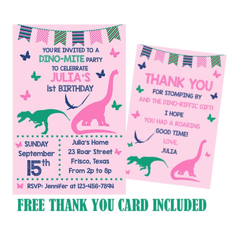 personalised photo card party invites invitations DINOSAURS DINOSAUR DINO GIRL 1