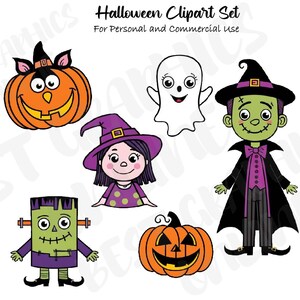 Halloween clipart set, Witch, Frankenstein, Ghost, Pumpkin, Creepy halloween clipart, Witch PNG, Halloween illustration