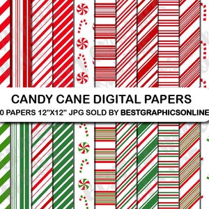 Könnte beinhalten: Digitale Papiere mit Zuckerstangen- und Pfefferminz-Designs in Rot, Weiß und Grün. Das Bild zeigt verschiedene Muster aus Streifen und Zuckerstangen-Grafiken. Der Text auf dem Bild lautet "CANDY CANE DIGITAL PAPERS 30 PAPIERE 30.5cm x 30.5cm JPG SOLD BY BESTGRAPHICSONLINE."