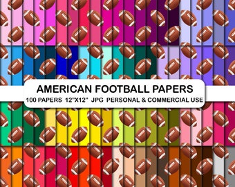 Puede incluir: Una colección de 100 papeles digitales con patrones repetidos de balones de fútbol americano marrones y blancos sobre una variedad de fondos coloridos. Cada papel mide 30,48 x 30,48 cm. El texto dice: "AMERICAN FOOTBALL PAPERS".