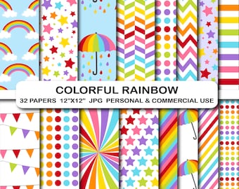 Rainbow Digital Paper Pack, Colorful Scrapbooking Papers (Digital Download)