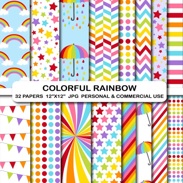 32 Rainbow Digital Paper, Rainbow Star Digital Paper, Rainbow Background Pattern Papers, Rainbow Scrapbooking Papers, Rainbow Digital Papers