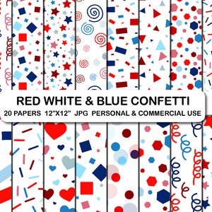 Rood witte en blauwe confetti digitale papers, patriottische confetti digitaal papierpakket, onafhankelijkheid patriottische 4 juli plakboekpapieren set