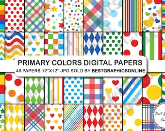 Primary Colors Digital Papers, 40 Bright Patterns (Digital Download)