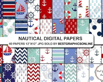 Nautical Digital Paper Set, Ahoy Pattern (Digital Download)