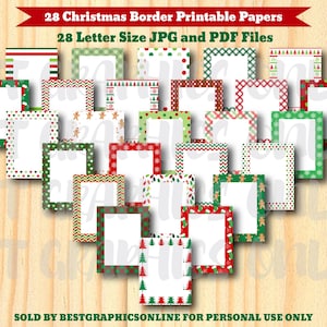 May include: A collection of 28 printable papers with Christmas-themed borders, featuring red, green, and white patterns including stripes, polka dots, snowflakes, and gingerbread men. The text reads 28 Christmas Border Printable Papers.