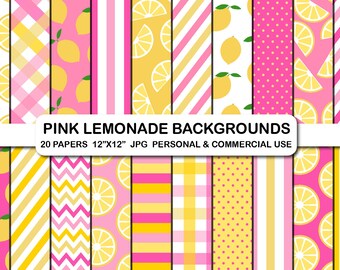 Pink Lemonade Digital Background Papers, Summer Lemonade Pattern Paper, Pink Lemonade Patterns, Summer Digital Papers, Summer Lemonade Paper