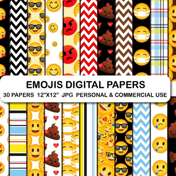 Emojis Digital Papers, Emoji Emoticons Digital Paper Pack, Emoticon Scrapbook Papers, Emoji Background, Emojis Poop Happy Face Digital Paper