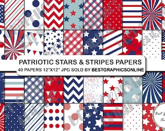 Patriotic Stars and Stripes Digital Papers, 4th of July (JPG)
