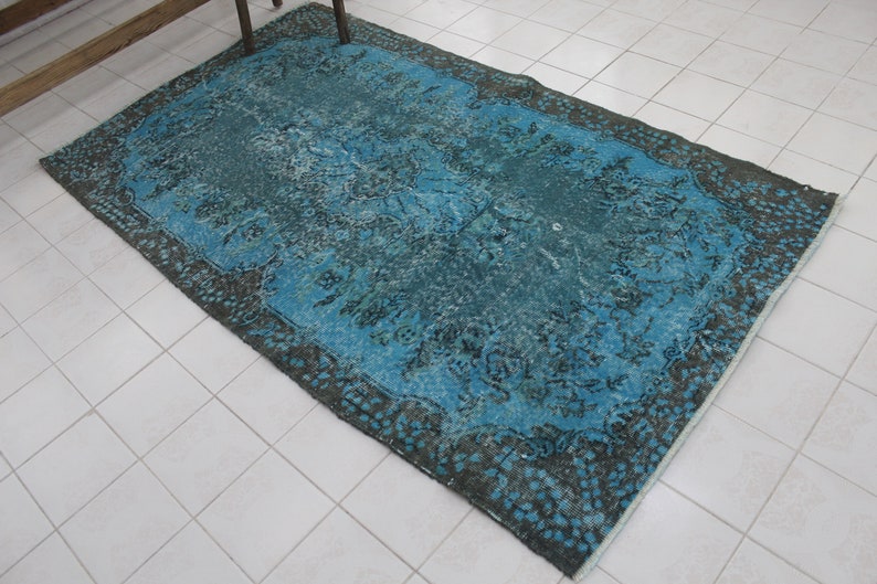 Vintage Overdyed Turquoise Area Rug 81x45 Vintage Handmade Oushak Area Rug Anatolia Wool Rug Carpet Turkish Turquoise Overdyed Rug
