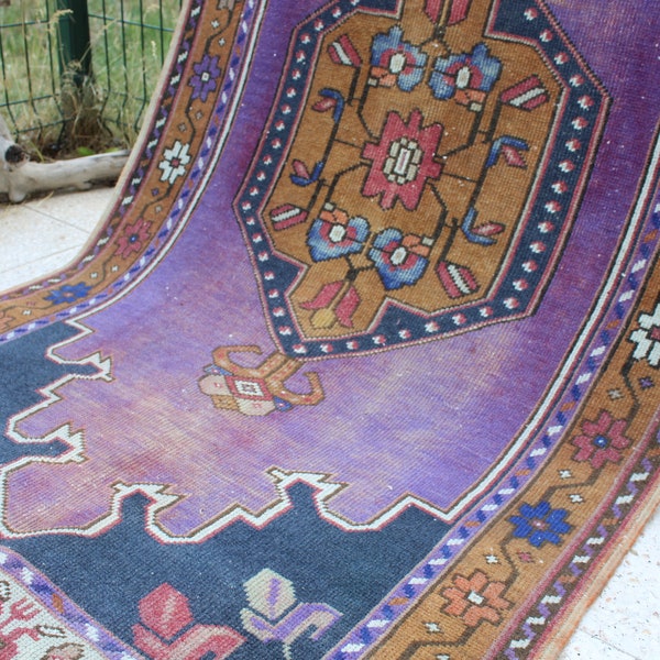 Turkish Rug, Vintage Handmade Oushak Nursery Area Rug, Anatolia Wool Home Decor Rug Carpet, Vintage Purple Office Oushak Area Rug, 84"x37"