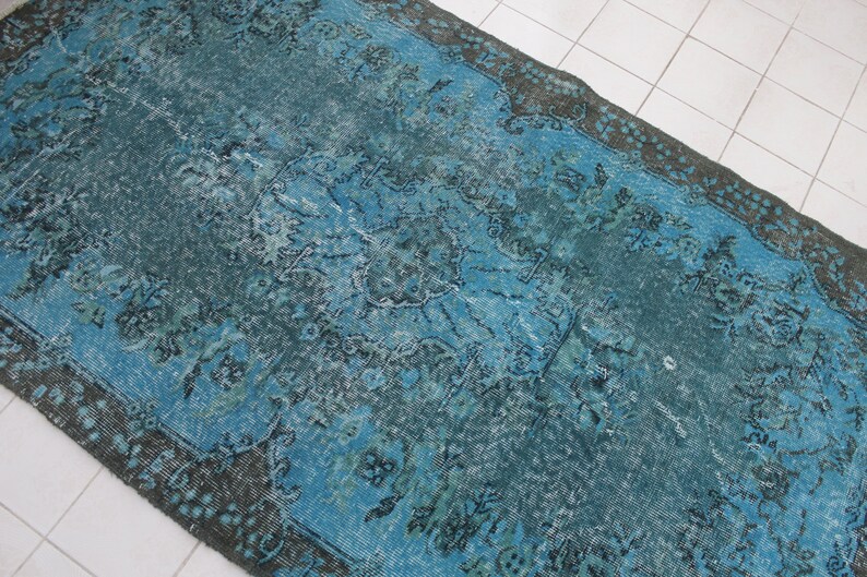 Vintage Overdyed Turquoise Area Rug 81x45 Vintage Handmade Oushak Area Rug Anatolia Wool Rug Carpet Turkish Turquoise Overdyed Rug