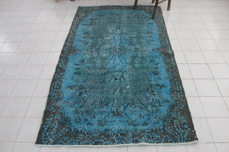 Vintage Overdyed Turquoise Area Rug 81x45 Vintage Handmade Oushak Area Rug Anatolia Wool Rug Carpet Turkish Turquoise Overdyed Rug