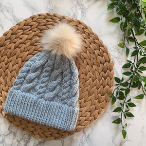 Cable Knit Hat | Faux Fur Pompom | Knitted Bobble Hat | Hand Made