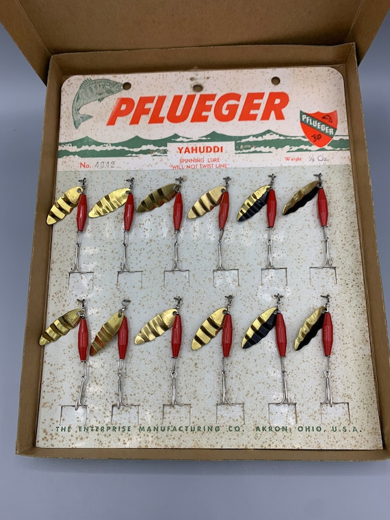 Vintage Pflueger Yahuddi Spinning Lure Dealer Box of 12 Lures 