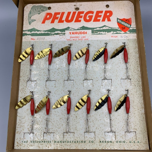 Vintage Pflueger Yahuddi Spinning Lure Dealer Box of 12 Lures