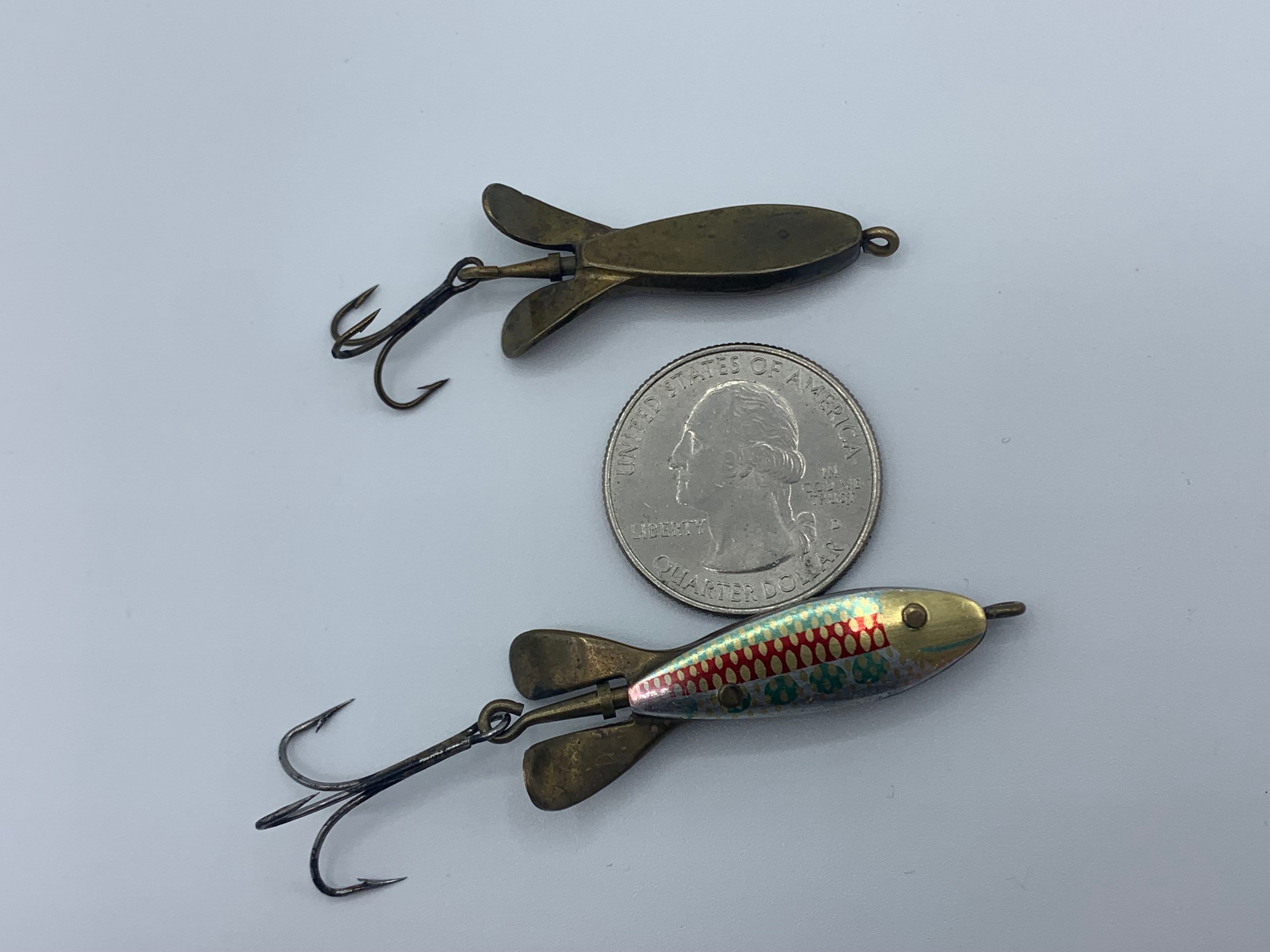 2 VINTAGE LEMAX SWISS MADE FLY SIZE BRASS SPINNER FISHING LURE