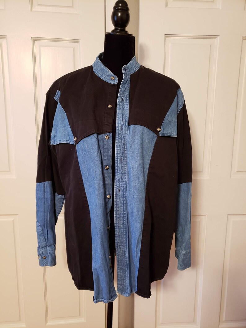 western denim shirt western cut shirt vintage patchwork denim shirt western button up shirt mens large shirt faded blue and black denim