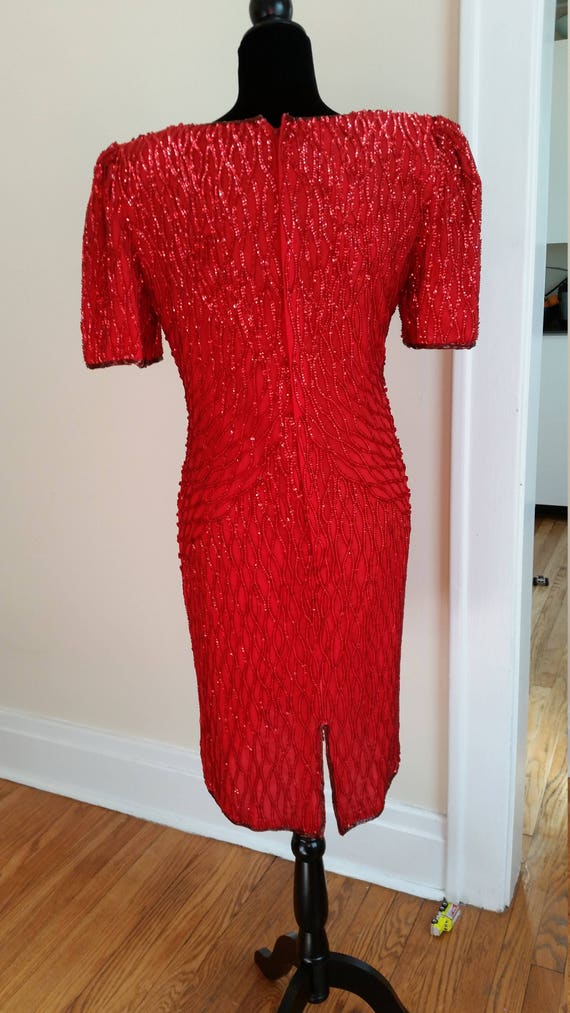 80s prom dress, beaded silk dress, red party dres… - image 4