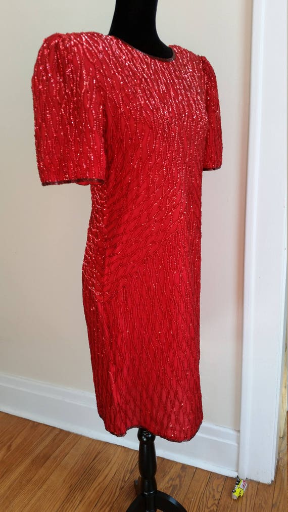 80s prom dress, beaded silk dress, red party dres… - image 3